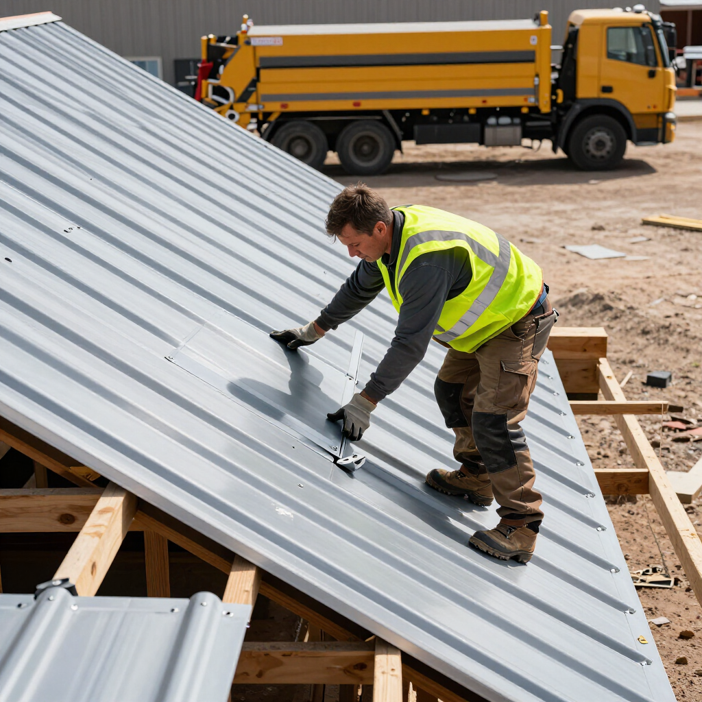 Contractor installing Snap Lock panels on steep-pitch roof with roll-forming truck
