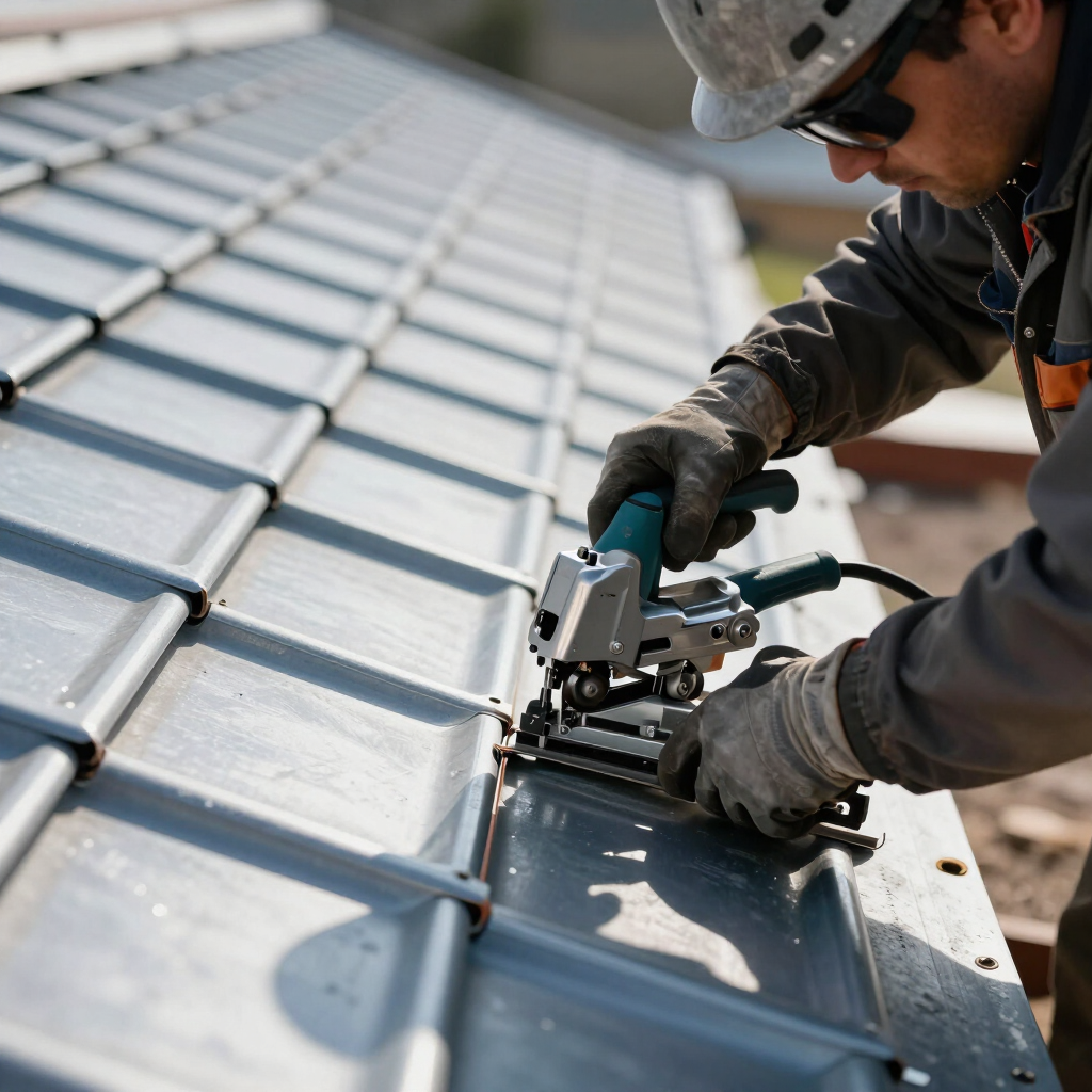Seaming tool running along Mechanical Lock panel seam on job site