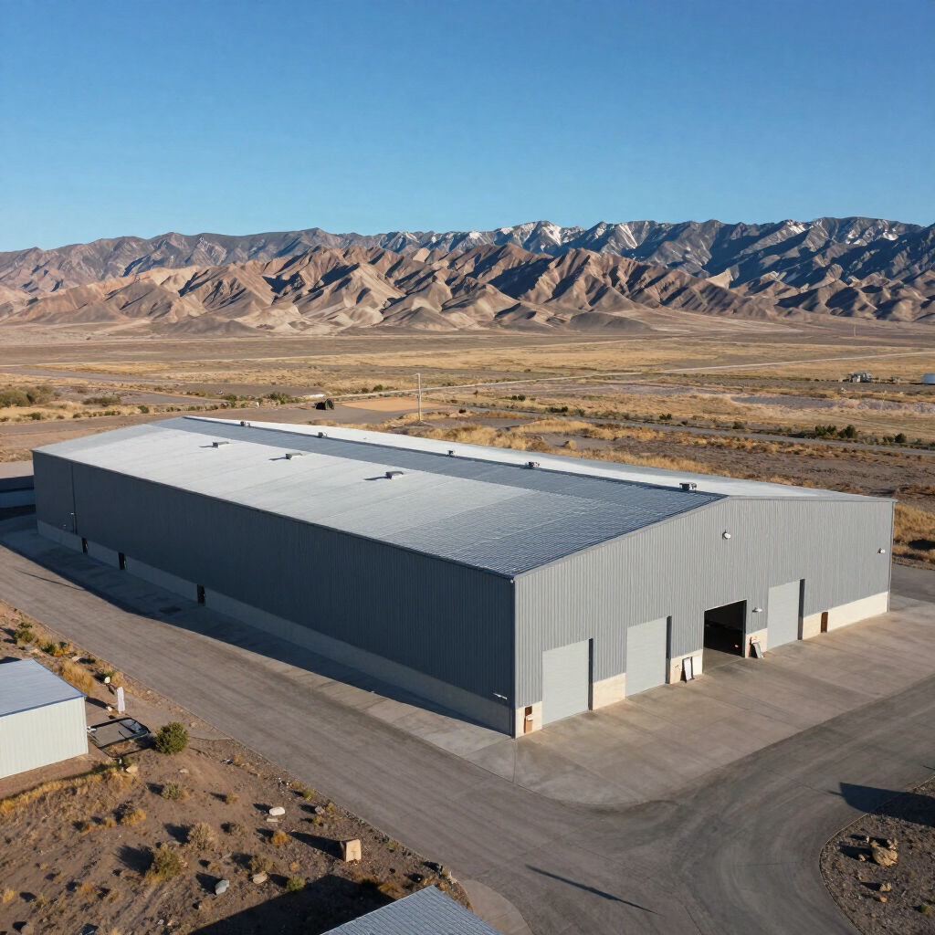Commercial warehouse with completed standing seam metal roof in Utah landscape