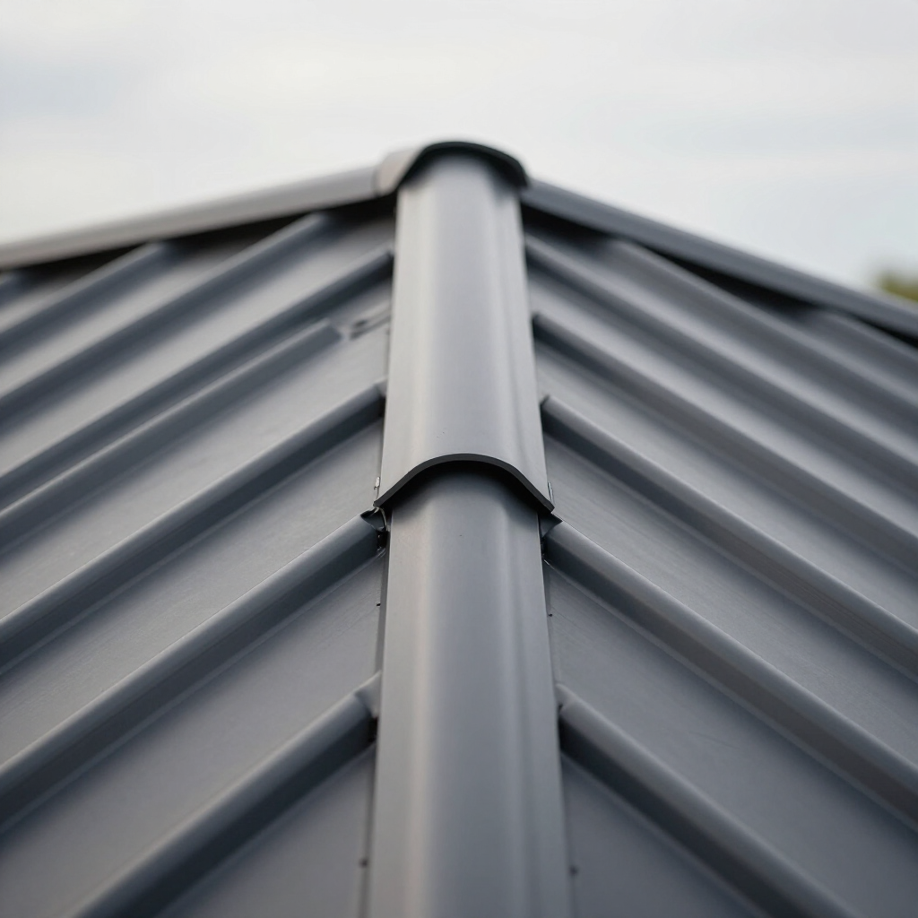 Precision-formed ridge cap trim installed at roof peak