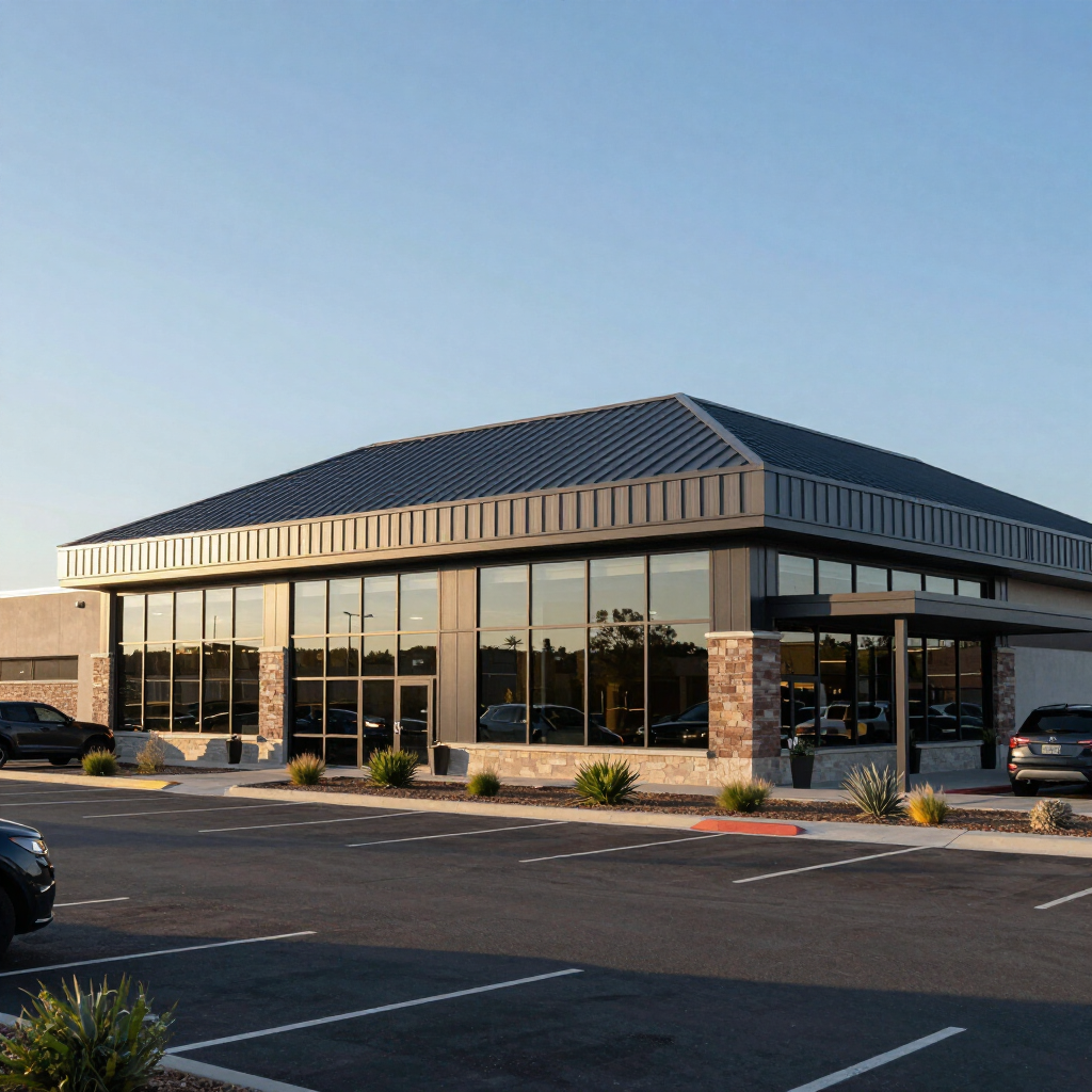 Commercial office building with dark standing seam metal roof