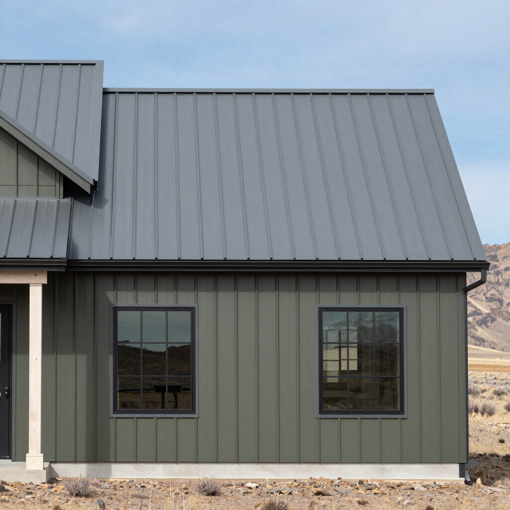 Modern farmhouse rear elevation with Snap Lock roof and metal siding accents