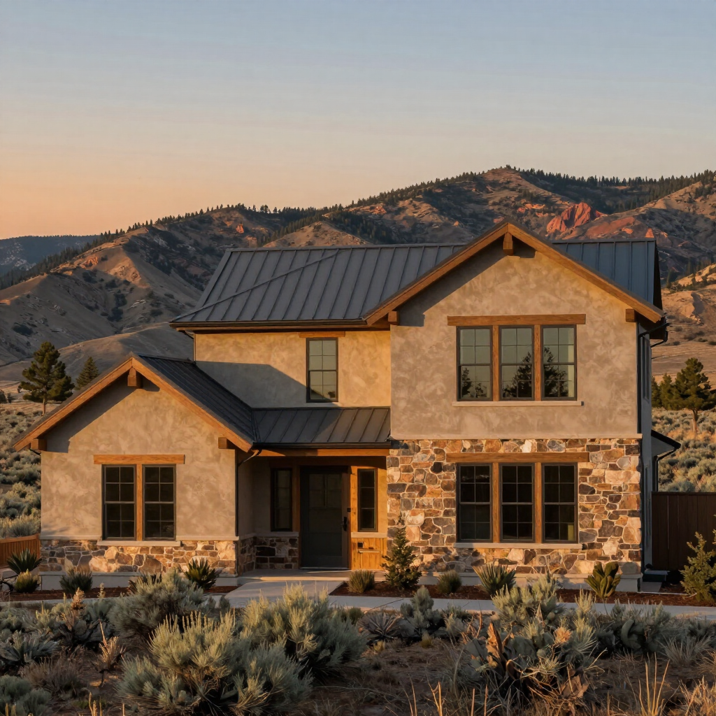 Full-elevation exterior of Utah custom home with standing seam metal roof