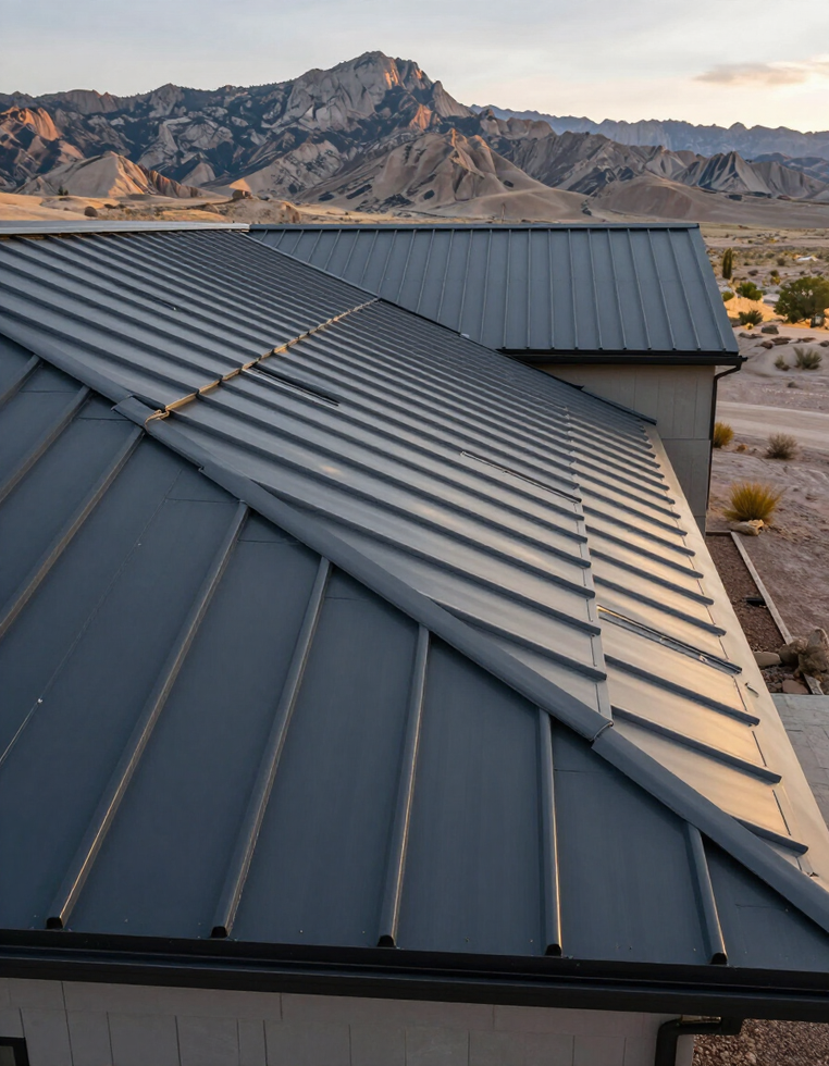 Mountain West Metals standing seam panels on Utah residential roofline with mountain skyline