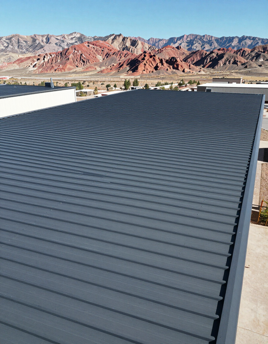 Completed standing seam metal roof on Utah commercial building aerial view