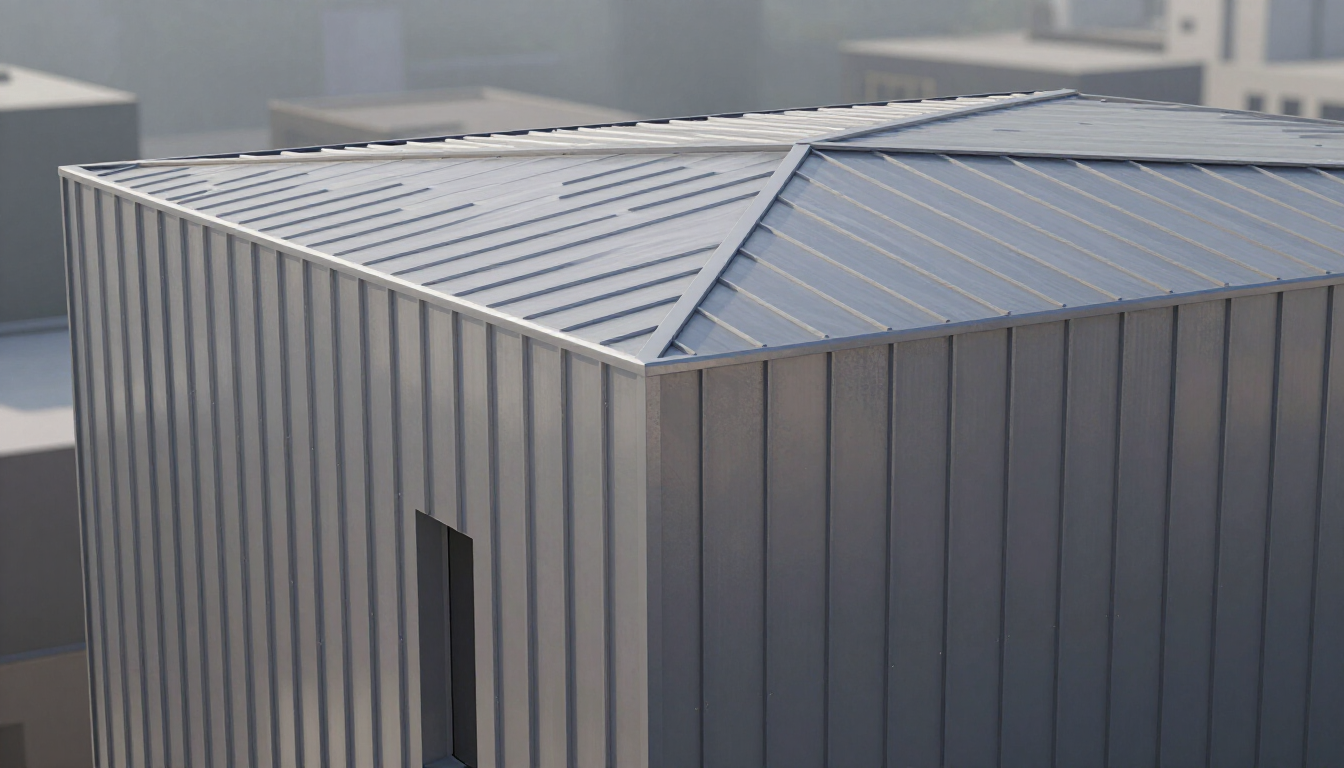 Architectural building with standing seam metal roofing and cladding