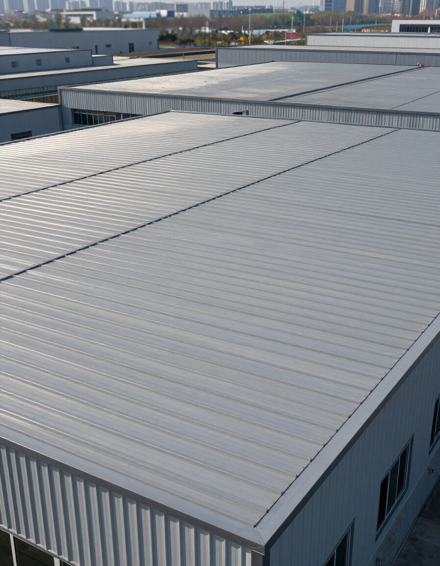 Completed low-slope commercial mechanical lock standing seam roofing installation