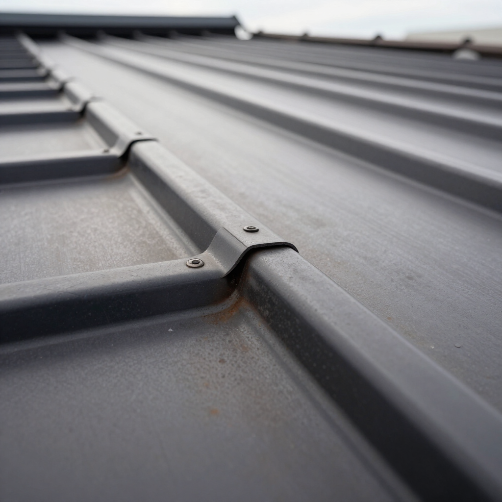 Close-up of mechanically seamed double-lock seam profile on commercial rooftop