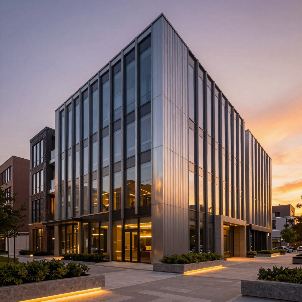 Architectural commercial building with long uninterrupted mechanical lock panel runs at dusk