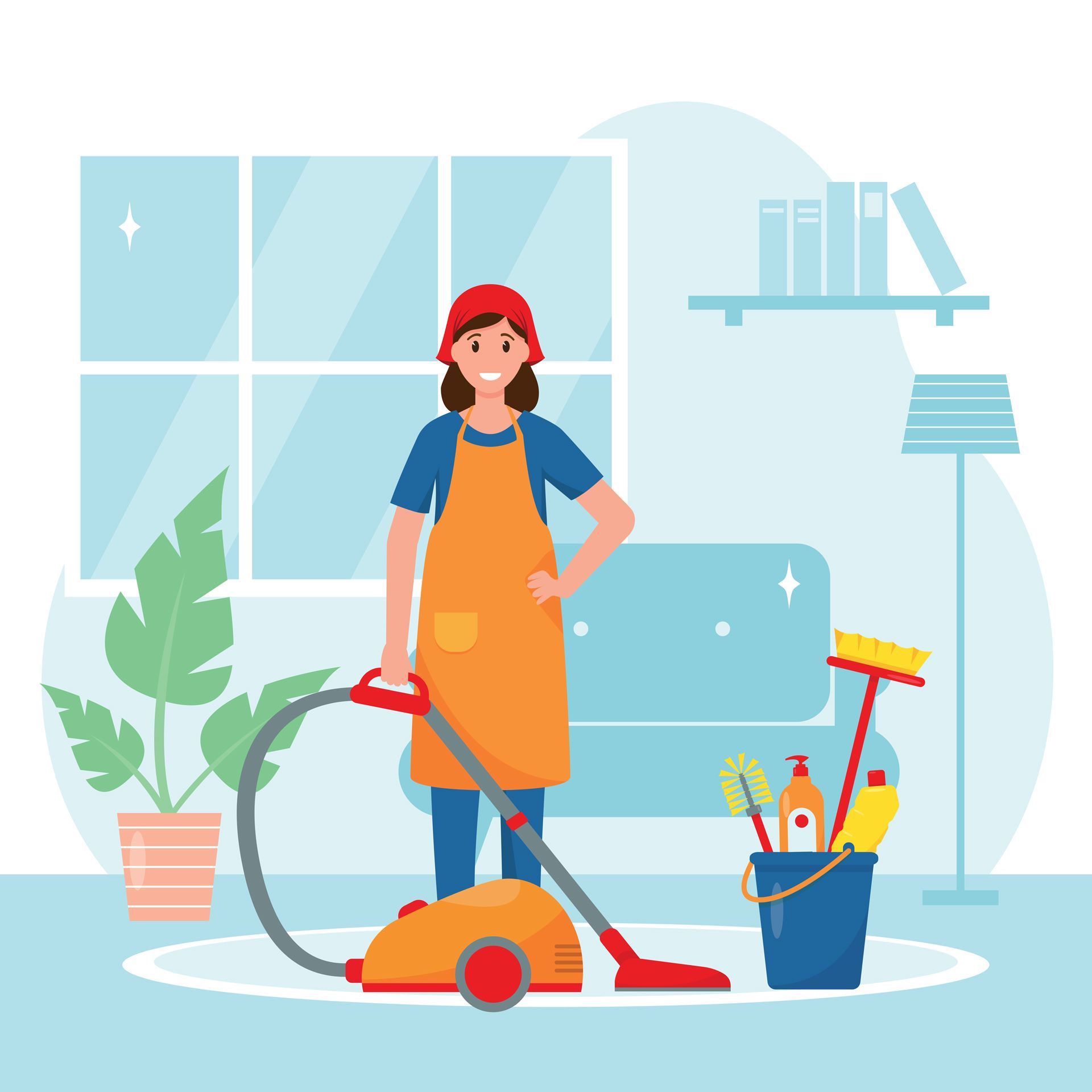 A Woman is Cleaning a Living Room With a Vacuum Cleaner