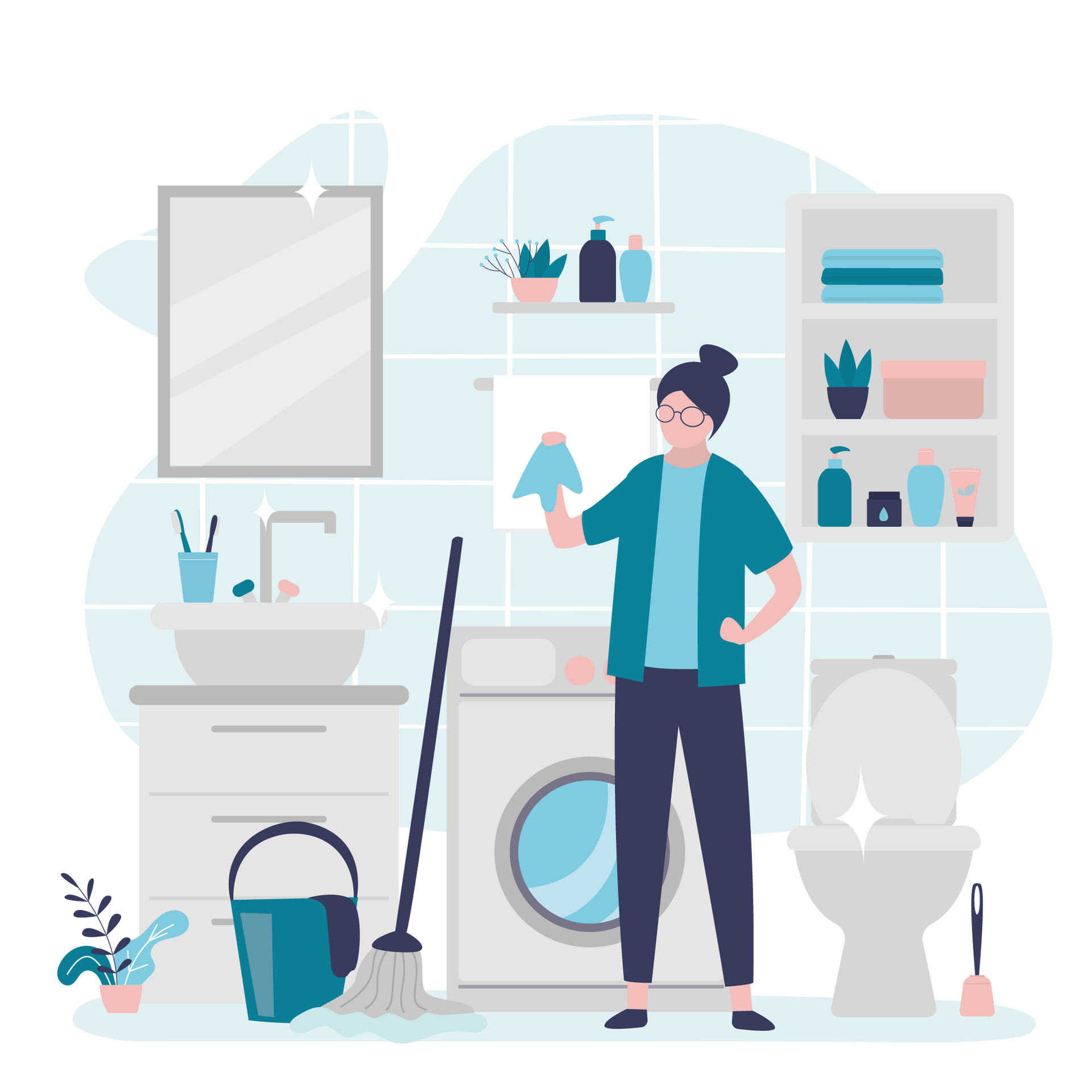 A woman is cleaning a bathroom with a mop and bucket.