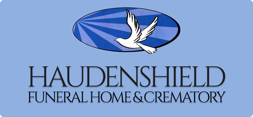 Haudenshield Funeral Home & Crematory logo with a white dove on a blue oval