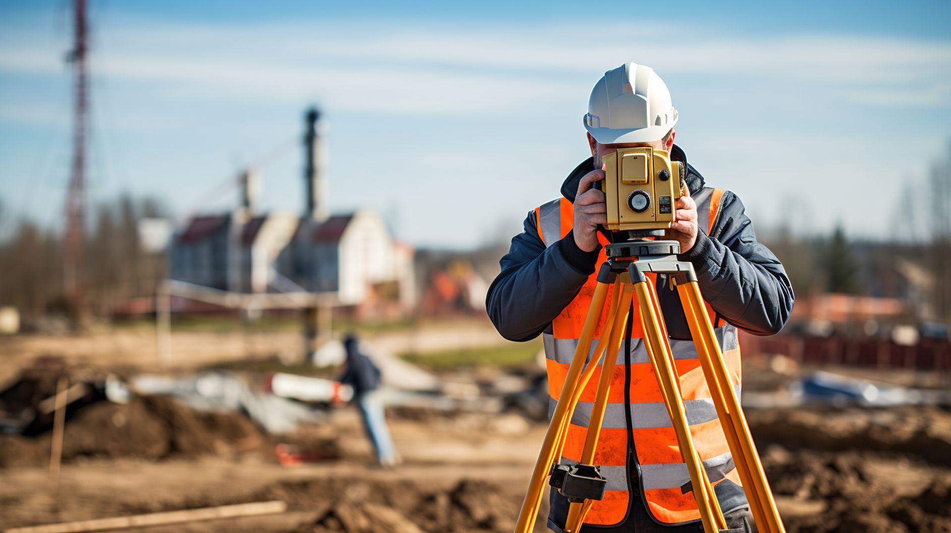 Géomètre portant un gilet de sécurité et un casque de chantier utilisant un théodolite sur un chantier de construction.