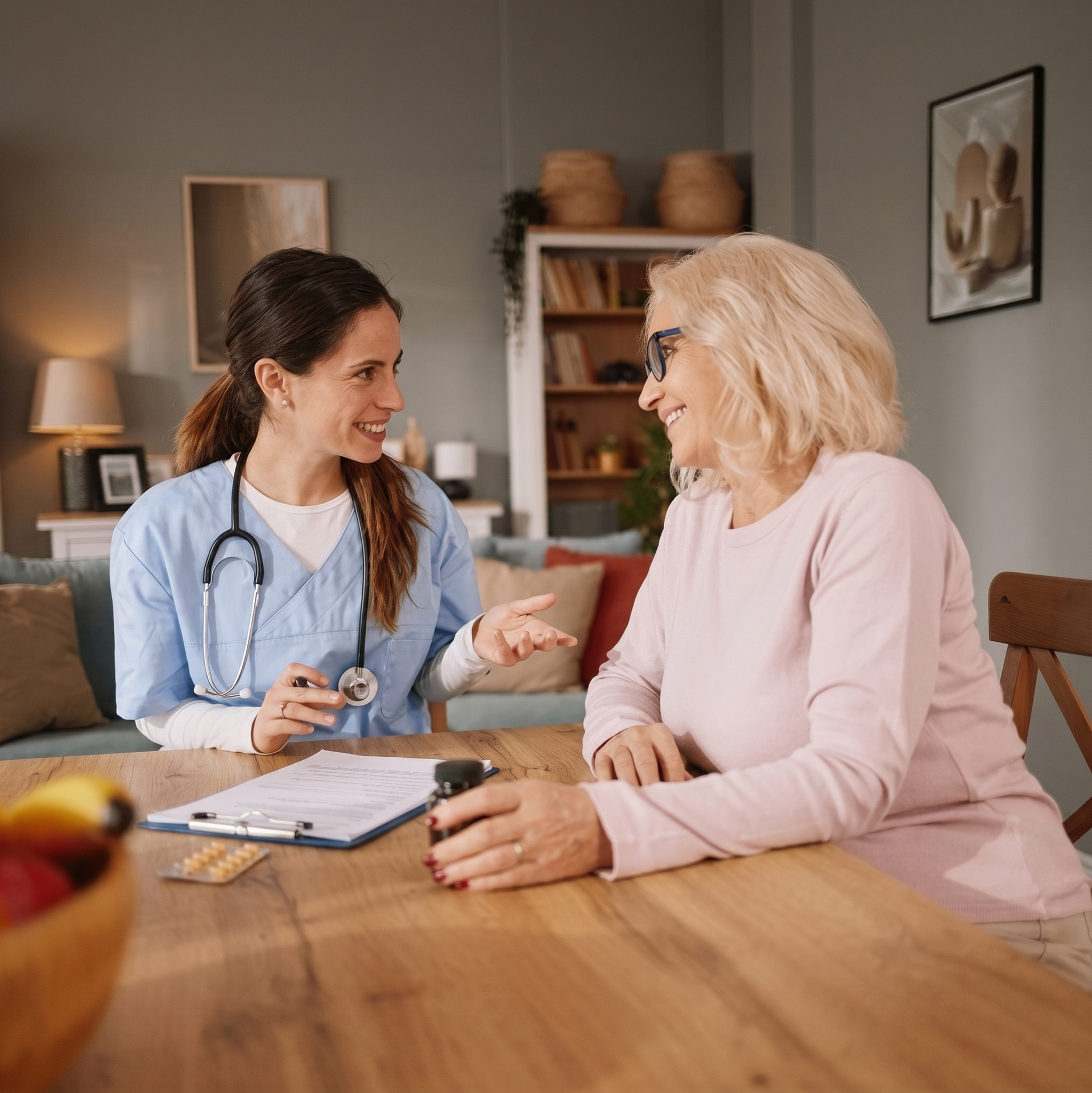 Nurse talking with a patient at a table in a cozy living room, holding a clipboard and pen.
