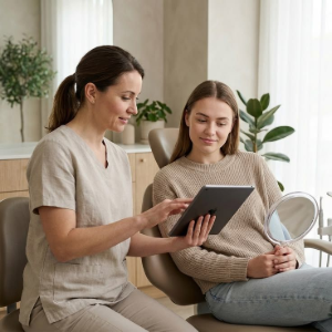 Two women reviewing a tablet in a bright living room with a hand mirror nearby