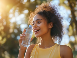 Woman in a yellow top smiling while drinking from a water bottle outdoors in sunlight