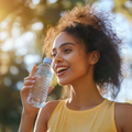 Smiling person in a yellow shirt holding a water bottle outdoors in warm sunlight