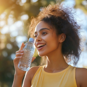 Smiling person in a yellow shirt holding a water bottle outdoors in warm sunlight