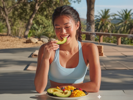 Woman eating fruit at an outdoor table, with a plate of sliced fruit in front of her.