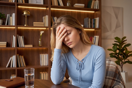 Woman sitting at a table, holding her forehead in a cozy room with bookshelves, looking stressed