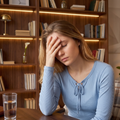Woman sitting at a table, holding her forehead, looking stressed in a cozy library room