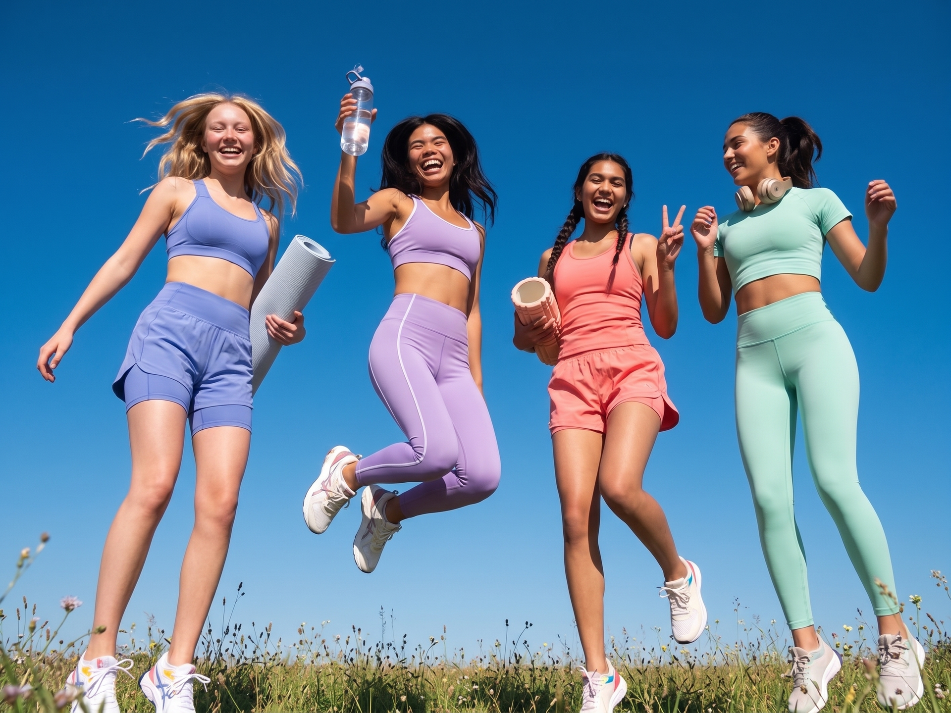 Four friends jumping and smiling outdoors in colorful workout outfits under a blue sky