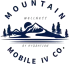 Mountain Mobile IV Co. wellness logo with blue mountain silhouette and pine trees, &ldquo;By Hydration&rdquo; text