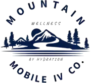 Mountain Mobile IV Co. wellness logo with navy mountains, trees, and hydration text
