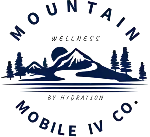 Mountain Mobile IV Co. wellness logo with blue mountain silhouette and pine trees, “By Hydration” text