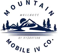 Mountain Mobile IV Co. wellness logo with blue mountain silhouette and pine trees, &ldquo;By Hydration&rdquo; text