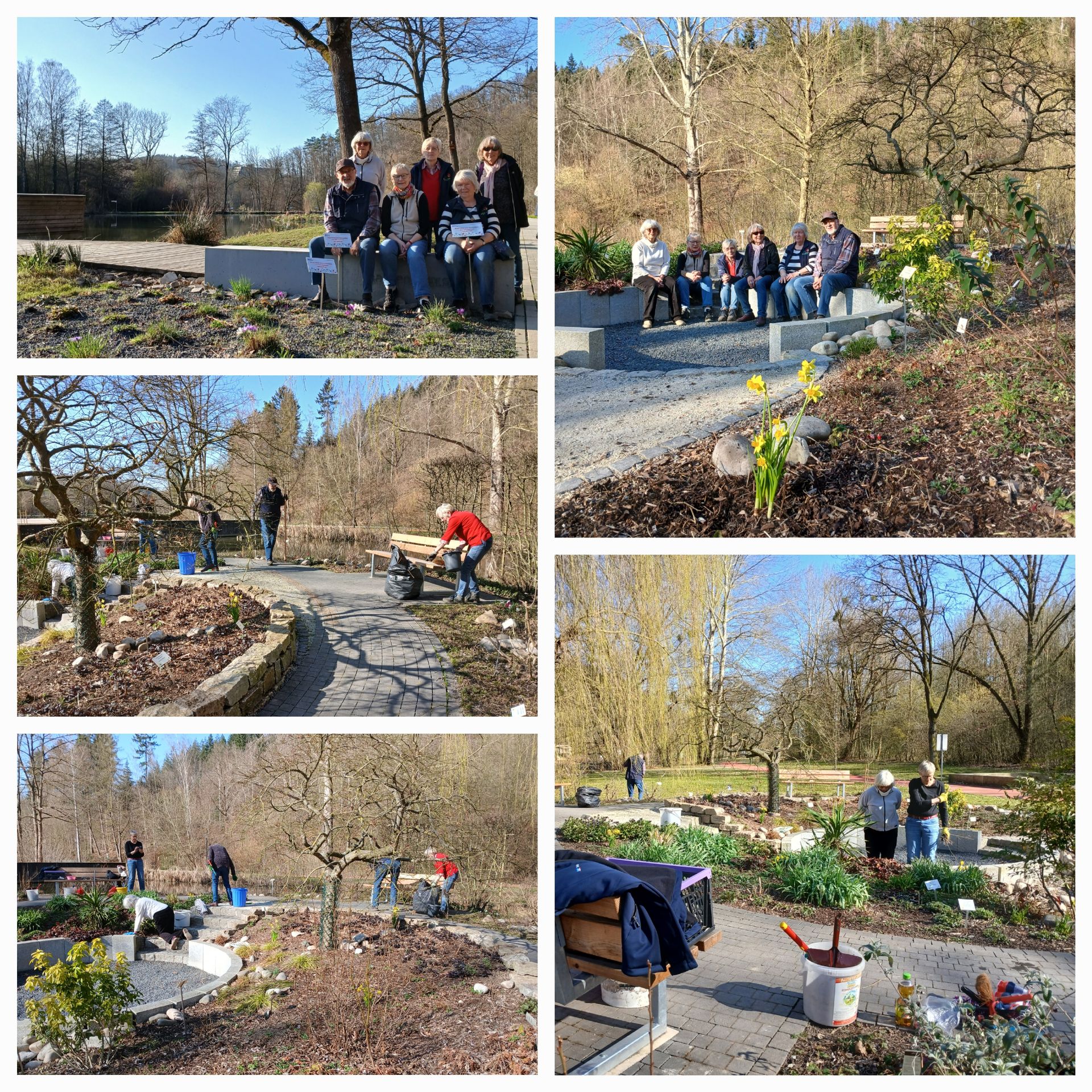 Menschen arbeiten in einem Garten. Eine Gruppe von Menschen posiert. Gartenbeete, Werkzeuge, Bäume und Sonnenlicht.