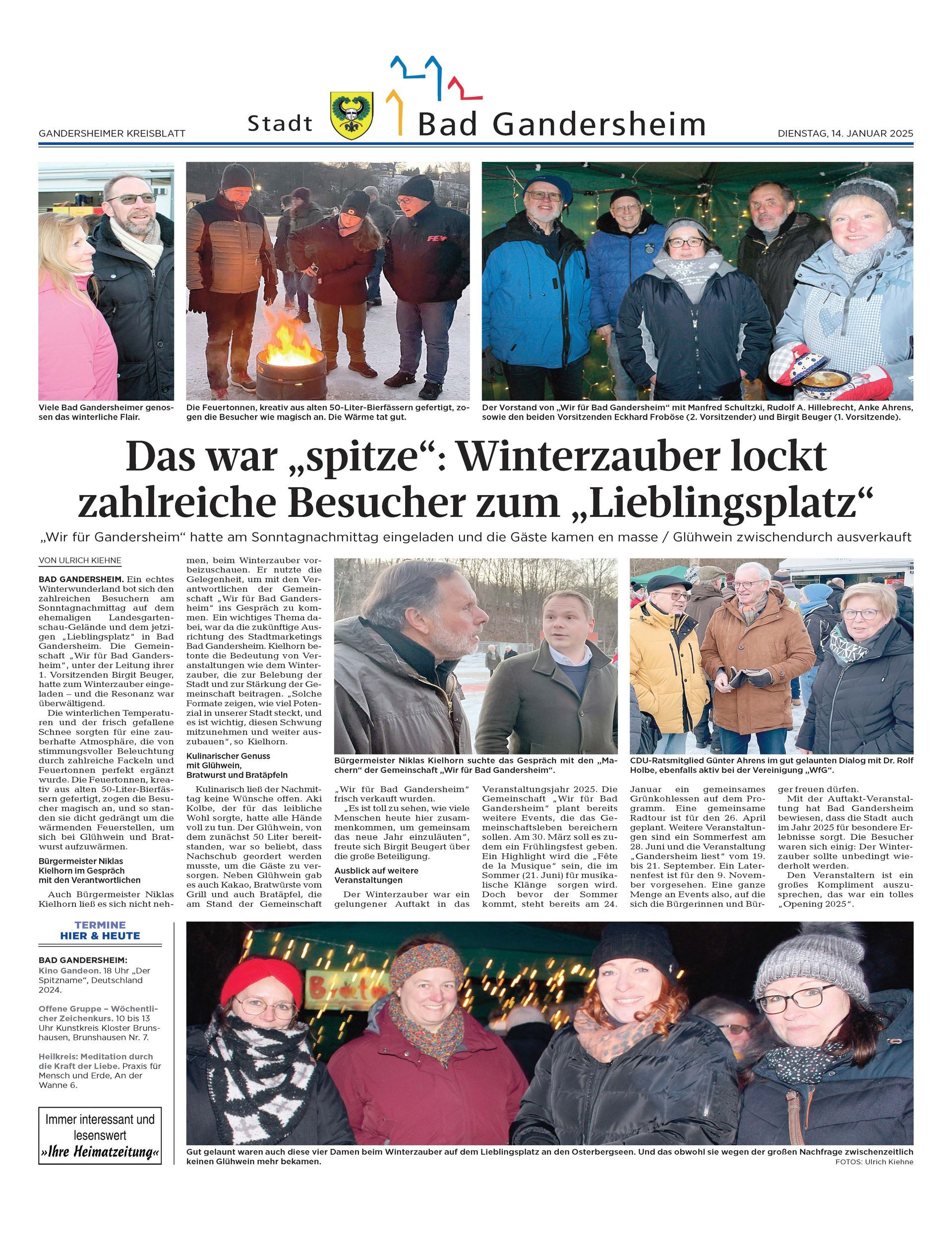 Zeitungsartikel mit Fotos von Menschen, die eine Winterveranstaltung genießen, mit dem Titel „Winterzauber“.