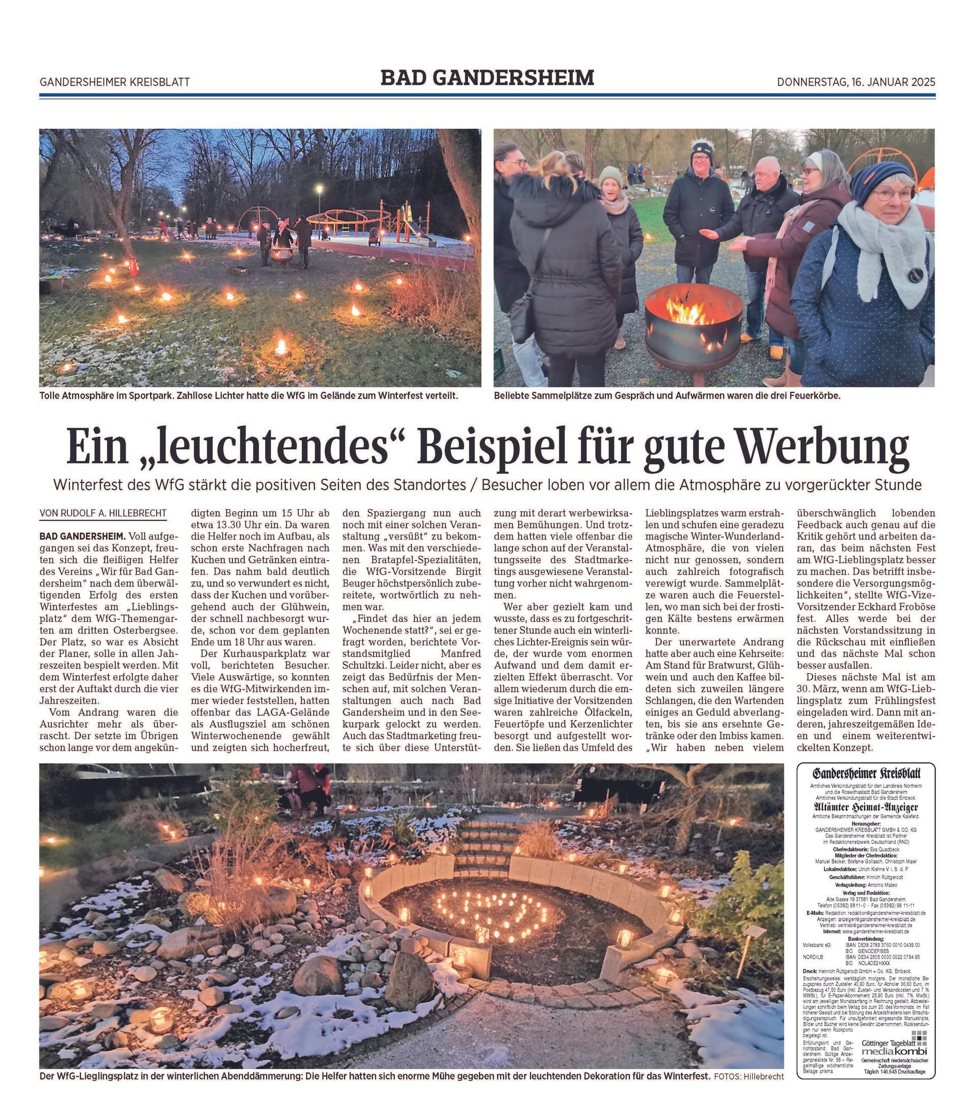 Newspaper page with photos of an outdoor event lit by candles and a fire pit, with text titled 