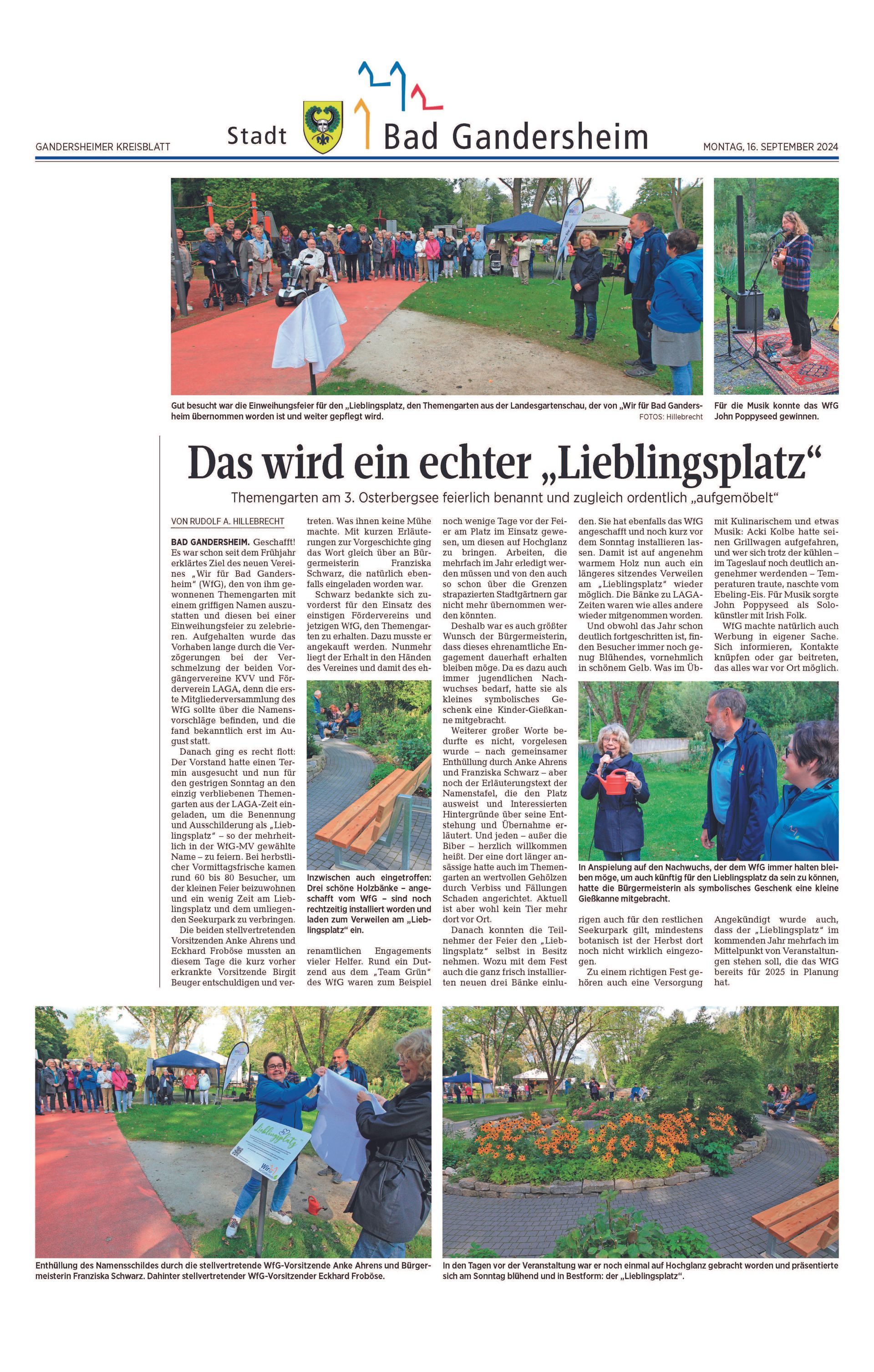Zeitungsseite mit Text und Fotos über die Entstehung eines öffentlichen Raums in Bad Gandersheim.
