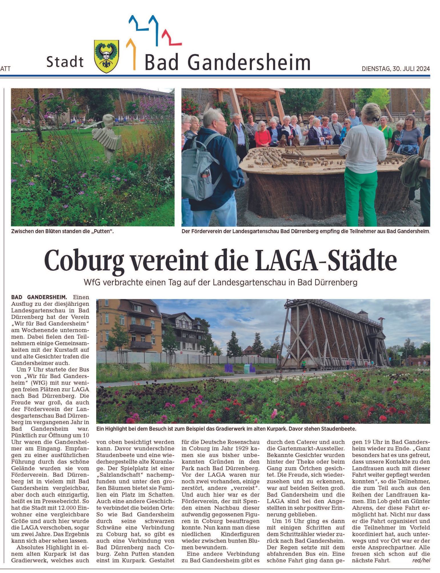 Seite aus der Zeitung von Bad Gandersheim mit Fotos von Coburg und einem Artikel über die Städte der LAGA-Gruppe.