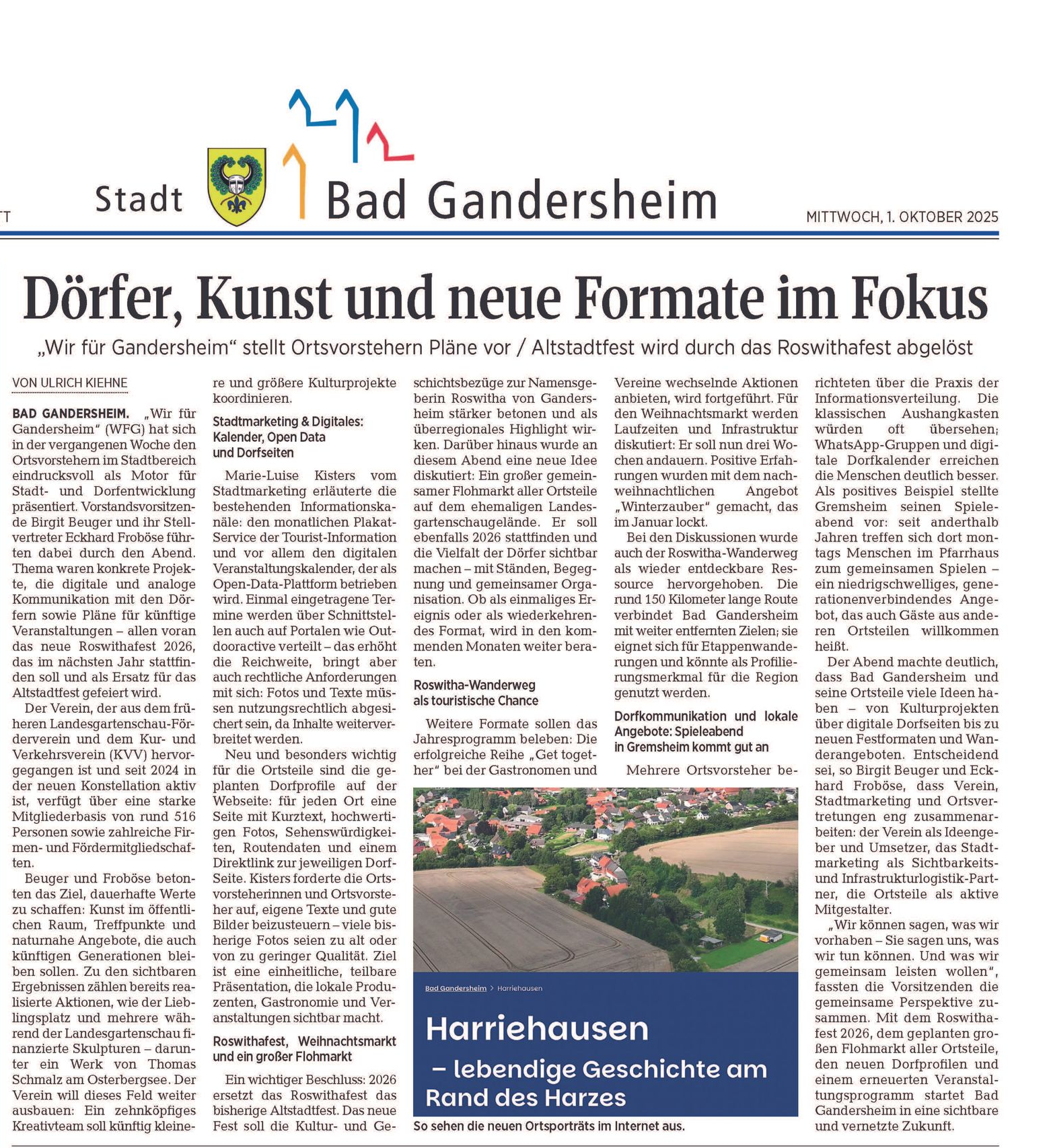 Zeitungsseite mit einem Artikel über Dörfer, Kunst und neue Formate in Bad Gandersheim. Enthält ein Foto von Harriehausen.