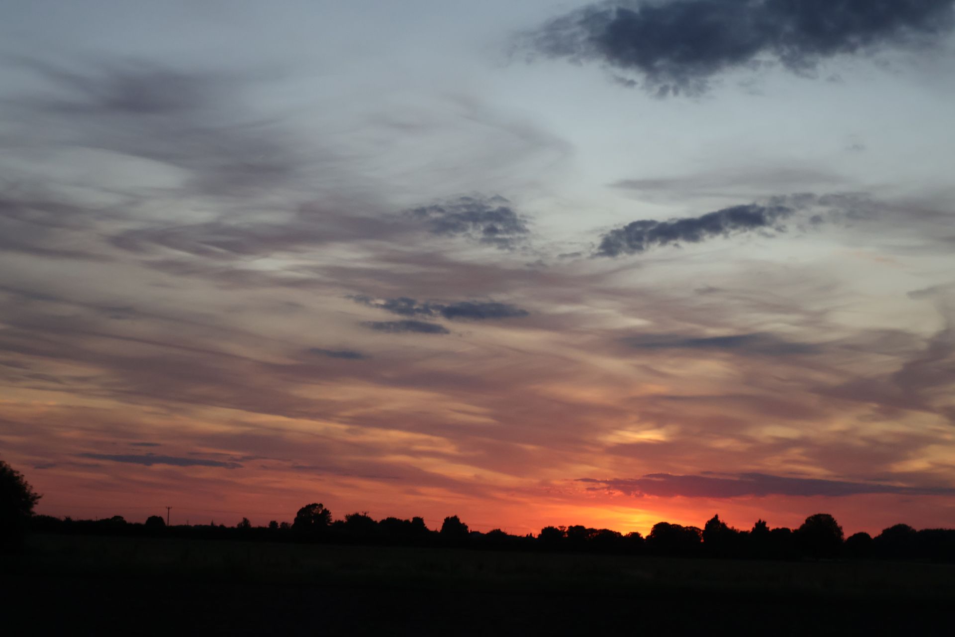 Sonnenuntergang über einer Baumgrenze; ​​orange und rote Farbtöne dominieren den Himmel mit vereinzelten Wolkenstreifen.