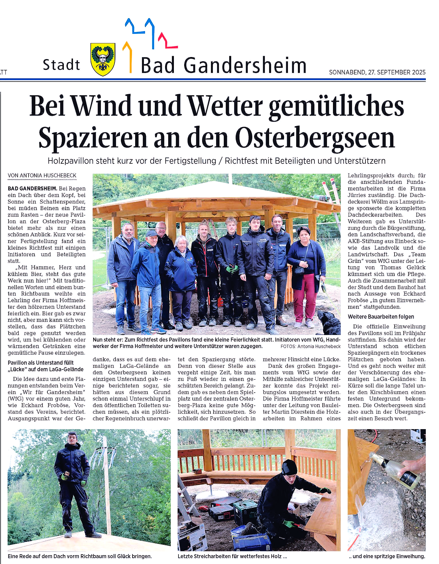 Group of people smiling under a gazebo at Osterberg lakes. Text: 