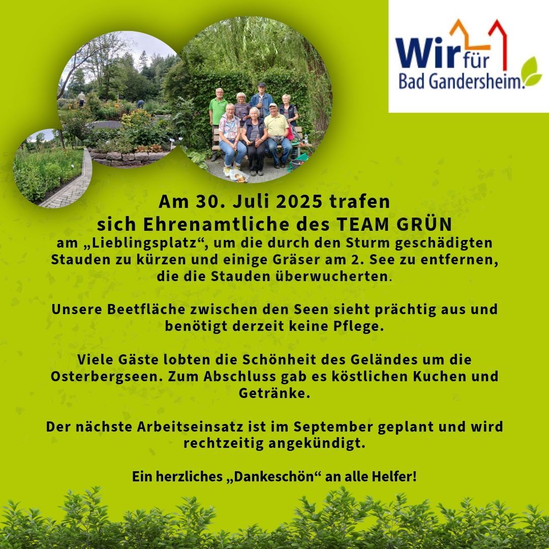 Freiwillige von TEAM GRÜN schnitten am Liebingsplatz sturmgeschädigte Pflanzen zurück. Grüner Text auf grünem Hintergrund.