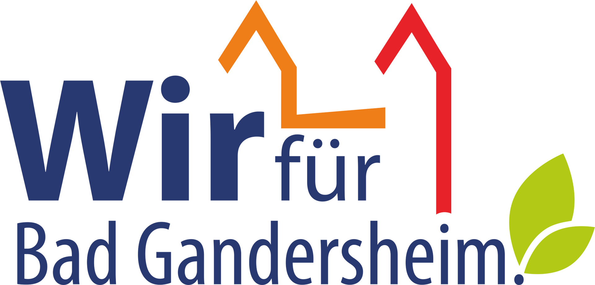 Logo für Bad Gandersheim: Blaues „Wir“ und „für“ mit orange/roten Dachformen, grünen Blättern und schwarzem Text.