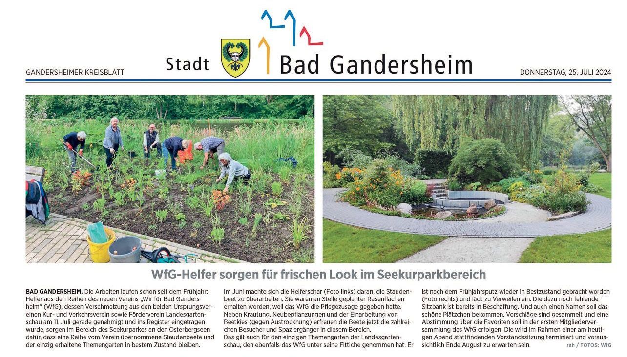 Arbeiter pflanzen in einem Garten; eine zweite Gartenansicht zeigt ein kreisförmiges Wasserspiel.