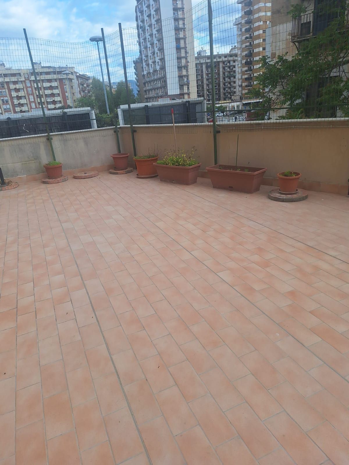 Terrazza sul tetto vuota e piastrellata, con piante in vaso e palazzi cittadini sullo sfondo.