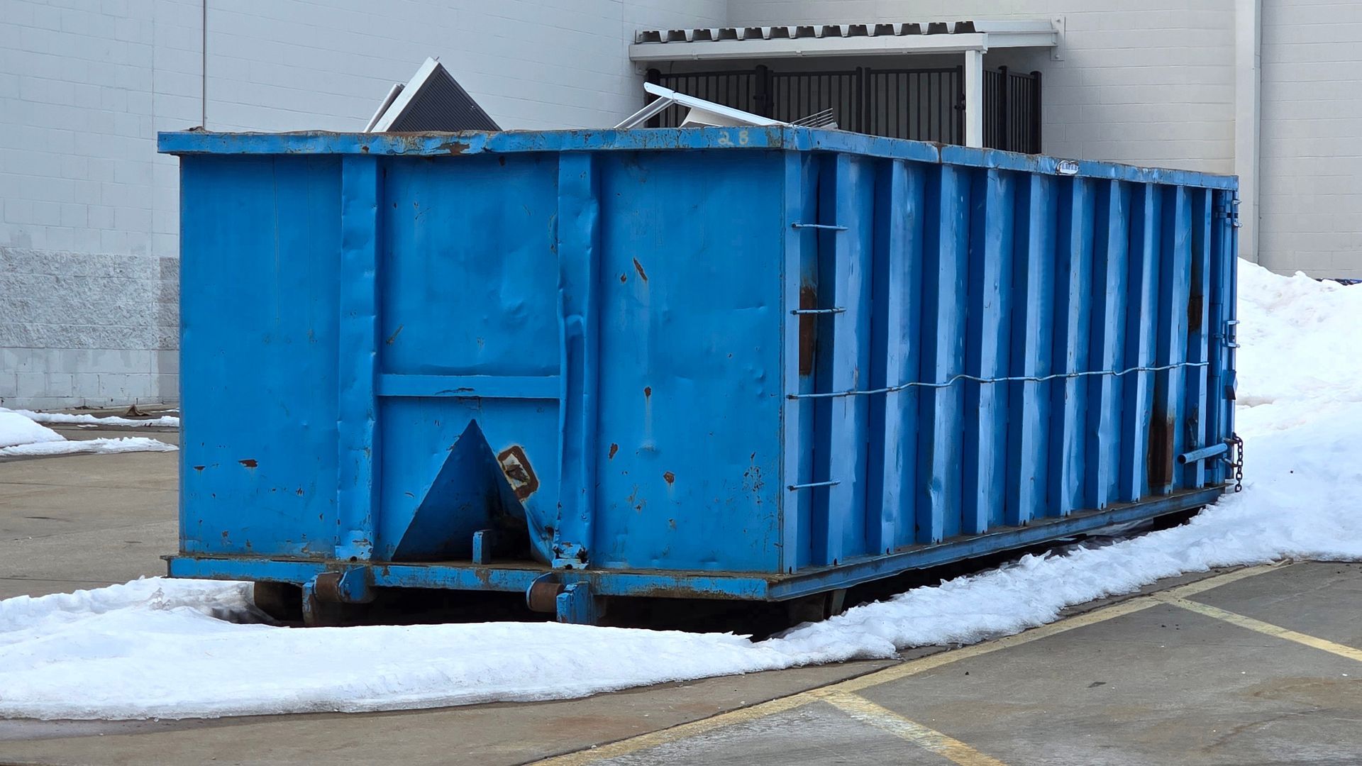 Large residential dumpster on a driveway in front of a suburban home for waste removal.