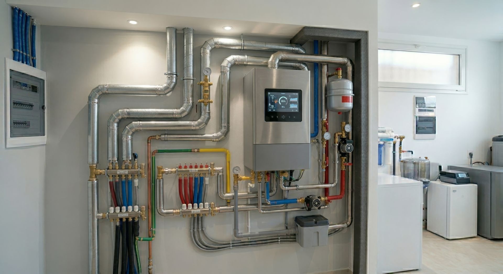 Mechanical equipment room with metal pipes, control panel, and a utility sink in a bright interior.