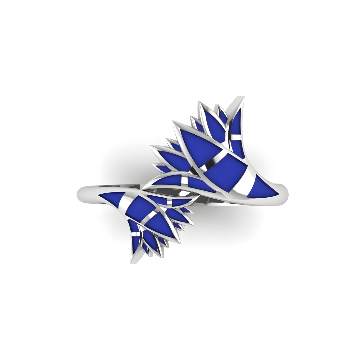 A silver ring with blue and white leaves on it