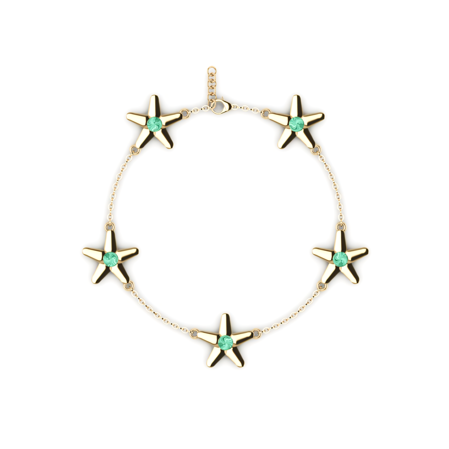 A gold bracelet with starfish and turquoise beads