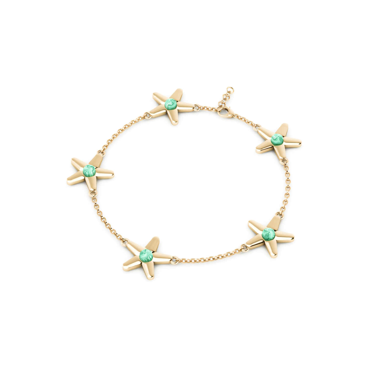A gold bracelet with starfish and turquoise beads