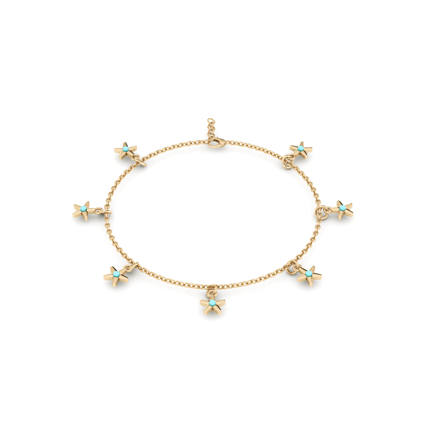 A gold anklet with turquoise stars on a white background.