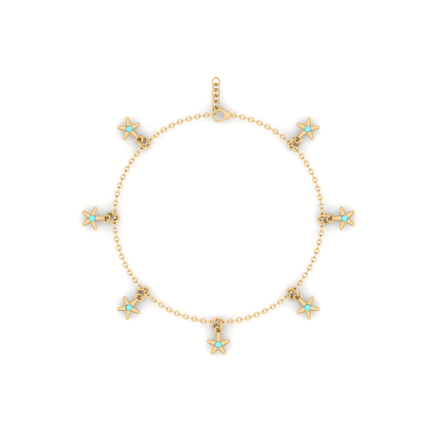 A gold anklet with turquoise stars on a white background.
