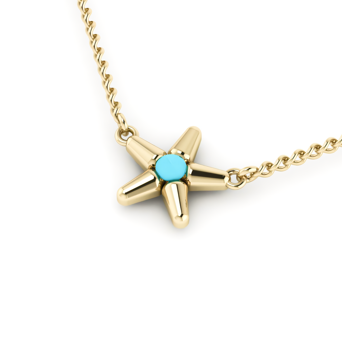 A gold starfish necklace with a blue stone in the center